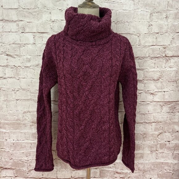 Inis Crafts Womens S Turtleneck Fisherman Sweater Purple Cable Knit Wool Ireland - Picture 1 of 4